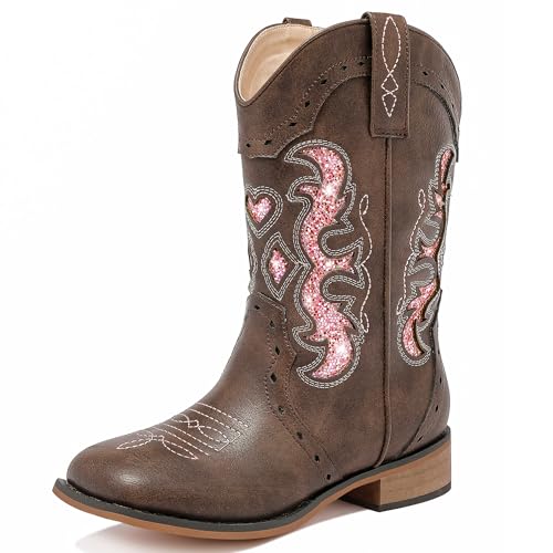 LAURMOSA Girls Cowboy Boots Western Cowgirl Sparkle Dress Cowboy Boots Size 1 for Girls Brown Square Toe Embroidered Kids Horseback Riding Shoes Party...