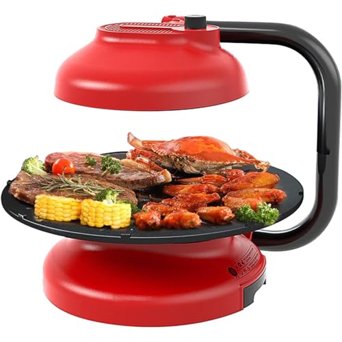 Parrilla eléctrica rotativa doméstica 1390 W, sin Humo Interior, Calentamiento 360° rápido Uniforme, Antiadherente, 2 Niveles de Calor, Ideal para barbacoas