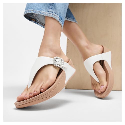 Image of FitFlop Womens LULU Crystal Buckle Toe-Post Sandals with Microwobbleboard Technology, Microfiber Toe Post, Slip Resistant Rubber Outsole, Cushioned Arch Support for All Day Comfort