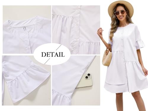 Image of Choichic Button Down Shirt Dresses for Women with Pockets Flare Bell Sleeve A-Line Midi Tunic Dress