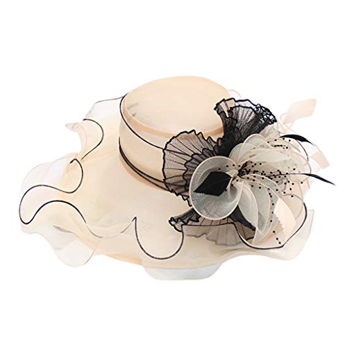 Church Derby Hats for Women Fascinator Floral Organza Bowknot Easter Tea Party Hat Ladies Flat Brim Beach Hat Pillbox Dress Hats Sunday Afternnon Outfits for Girls Women Fashionable 2025 Beige