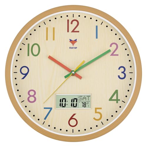 Foxtop Digital and Analog Kids Wall Clock 12 Inch Silent Non-Ticking Battery Operated Kids Clock for Kids Room Playroom Nursery Classroom School