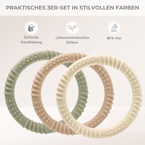 CAJA Beißring Baby 3er Set aus weichem Silikon BPA frei Zahnungshilfe und Greifring für Neugeborene sicheres sensorisches Beißspielzeug für Babys Geschenk zur Geburt für Jungen und Mädchen