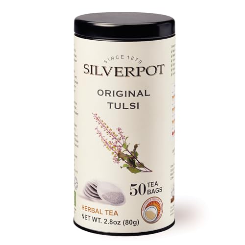 Silverpot Original Tulsi, 50 Round Tea Bags, Tin | Gourmet Herbal Tea | Caffeinated | Enjoy Hot or Iced