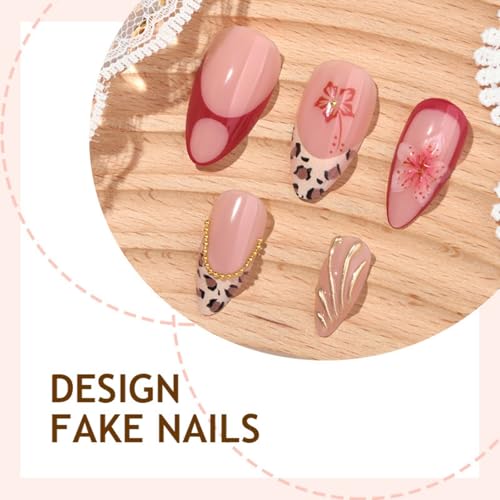 Image of Flower Press on Nails French Tip Fake Nails Medium Almond False Nail Glossy Full Cover Gold Rose Glue on Nail Press ons for Women Girls Manicure 24Pcs