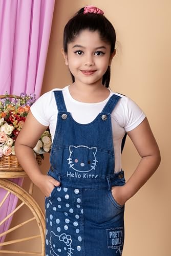 Image of Girls Denim Dungaree Knee Length Skirt with Applique Top || Round Neck Half Sleeves || Stylish & Comfortable Outfit