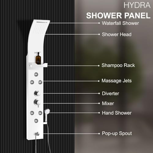 Image of Jaaz Hydra Aluminum Shower Panel for Bathroom Full Set with Rain & Waterfall Overhead Shower, 6-Body Jets, 5-Function Mixer & Diverter, Shampoo Rack, Hand Shower & Tub Spout (1, White)