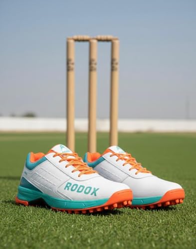 Image of RODOX Cricket Shoes with TPU Shank Rubber Outsole with Multidirectional Grip White Grey
