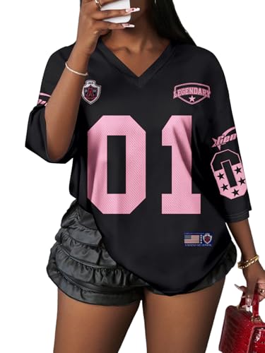 Image of RoseSeek Women's Jersey Shirts Number Graphic V Neck Football T Shirts Tops