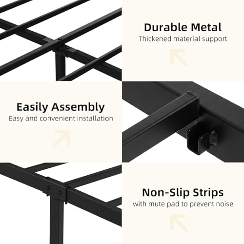 Image of Queen Bed Frame, Metal Platform Queen Bed Frame with Wood Headboard, Black
