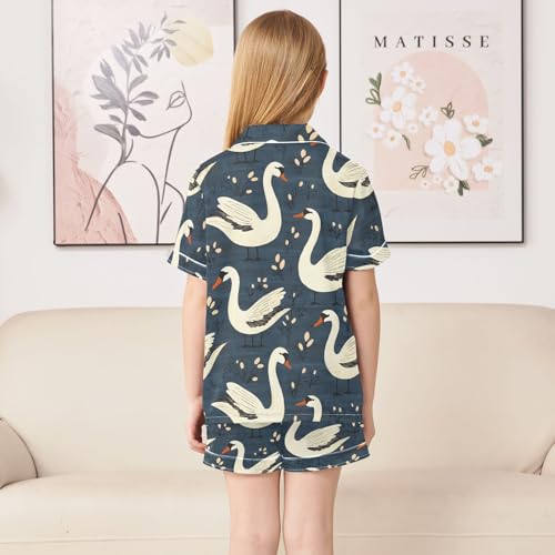 ALAZA Swan Branch Leaf Blue Satin Pajamas Set Short Sleeve Button Down Sleepwear Summer Pjs 2 Piece4