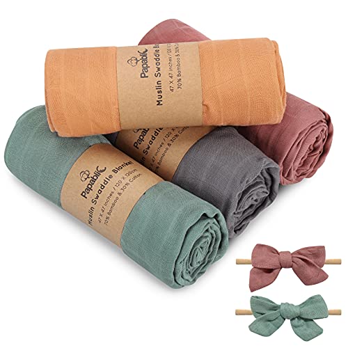 [4 Pack] Papablic Baby Swaddle Blanket, Breathable Muslin Swaddle Blanket for Boys & Girls, 70% Bamboo & 30% Cotton Receiving Blanket, Solid Color, Large 47 x 47 inches, Bonus with 2 Hair Bows