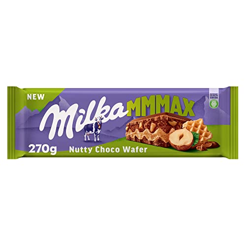 Milka MMMAX Nutty Choco Wafer Tableta Grande de Chocolate con Leche de los Alpes con Barquillo, Relleno de Crema de Avellana y Trozos de Avellana, 270 g
