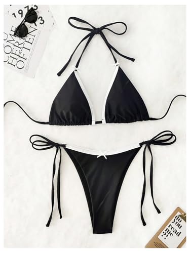 Milumia Women's Color Block Bow Halter String Triangle Bikini Set Sexy Thong Cheeky Two Piece Swimsuit3