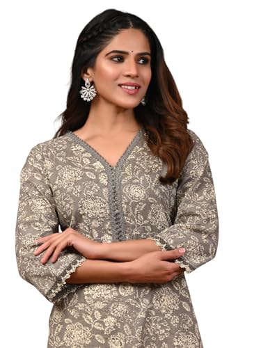 Image of Rimeline Women's Cotton Printed Kurta with Lace Trim Neckline | Straight Fit Ethnic Wear for Office, Casual & Daily Use