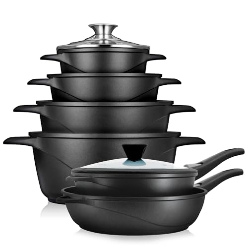 briebe Induktions-Kochgeschirr-Set 12 Teile, Set mit 4 Töpfen aus Aluminiumguss + 2 Pfannen, Antihaftbeschichtung ILAG GRANITEC ohne PFOA, Kasserolle-Set mit Glasdeckeln, Silikonhandschuhe