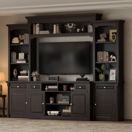 Image of AMERLIFE 102.8 inch Wall Unit Entertainment Center with Bookshelves for TVs up to 65 inch, Multifunctional TV Stand Media Console with Cabinet & Storage Drawer & Adjustable Shelf for Living Room, Dark Walnut