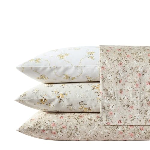 Image of Laura Ashley - King Sheet Set, Buttery-Soft Bed Sheets with a Naturally Silky Smooth Cotton Sateen Lightweight Feel - Matching Pillowcases & Fitted Sheet (Little Darlings Beige)