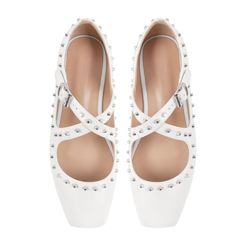 Ballet Flats for Women Cross Band Square Toe with Stud Mary Janes Buckle Strap Ballerina Shoes Slip On Elegant Dress Shoes
