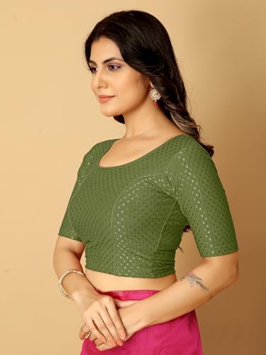Image of Amazon Brand - Anarva Round Neck Dobby Cotton Lycra Stretchable Elbow Half Sleeve Readymade Saree Blouse for Women Stylish
