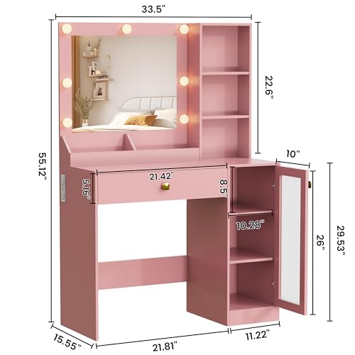 Image of Wodeer Small Makeup Vanity Desk with Mirror and Lights, Vanity with Glass Cabinet, LED Lights & Power Outlet, Drawer & RGB Glass Cabinets, Adjustable Lighted Dressing Table for Women & Girls Bedroom