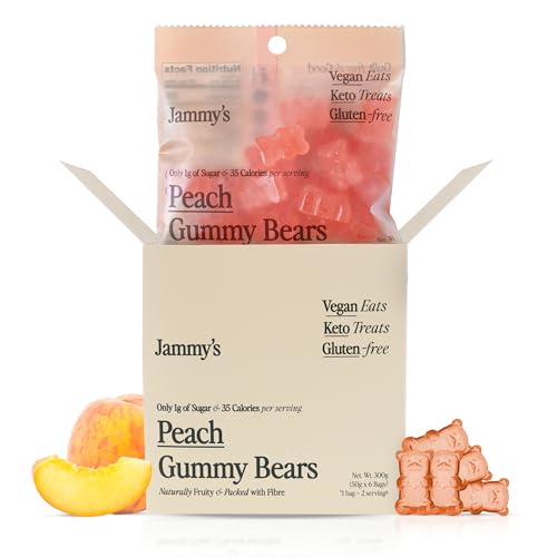 Jammy's™ - Peach Gummy Bears | Sugar-Free & Vegan-Friendly | Keto-Friendly, Gluten-Free, Low Carb, High Fibre & Naturally Fruity | Delicious, Soft & Chewy | Box of 6 x 50g Bags