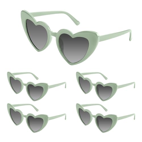 Bouiexye 5 Pack Green Heart Sunglasses Bachelorette Vintage Heart Shaped Glasses for Wedding Bridesmaid Party Favor Accessories