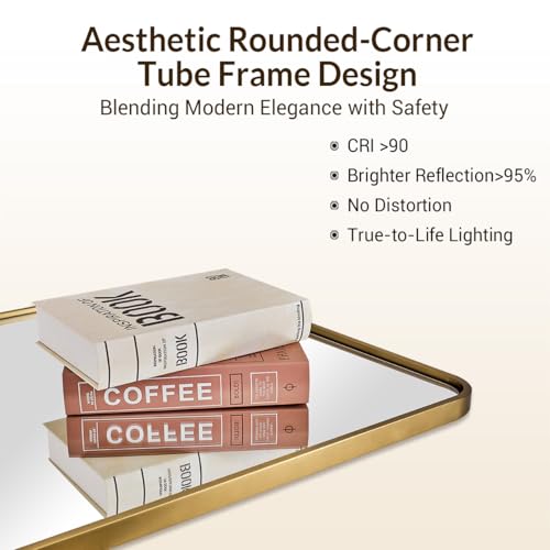 Image of ANDY STAR 24x40 Inch Gold Bathroom Mirror, Rounded Rectangle Mirror, Brushed Brass Bathroom Vanity Mirror Oblong Tube Metal Framed, SUS304-Anti-Rust, Wall-Mounted Horizontal /Vertical 1'' Deep