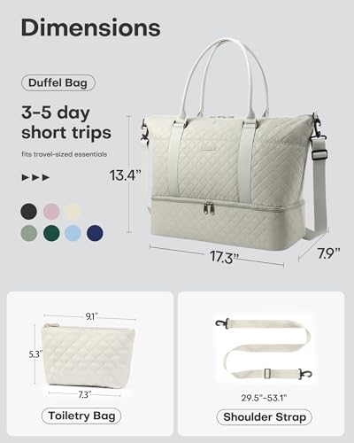 Image of HOTOR Travel Duffel Bag - Weekender Bags for Women, Carry On Gym Tote Bags | with Toiletry Bag & Shoe Compartment, Overnight Bag for Travel Essentials and Travel Accessories, Beige, 13.4 inchx17.3 inchx7.9 inch