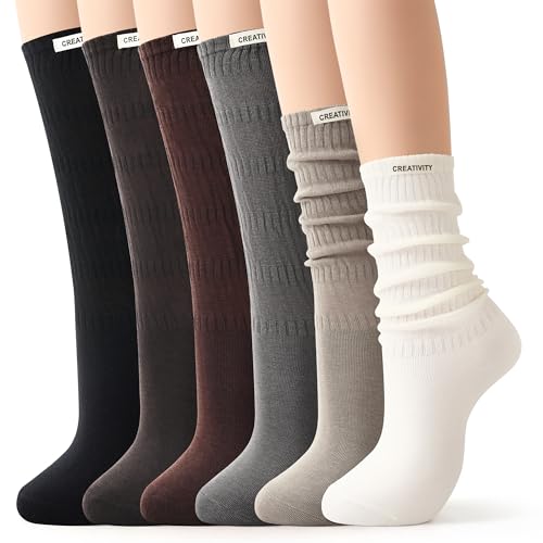 Jeasona Slouch Scrunch Socks for Women, 6 Pairs Crew Cotton Knit Scrunch Slouch Socks, 80s Style Boot Socks for Women Teen Girls, Soft Athletic Calf Socks Earth Tone Gifts