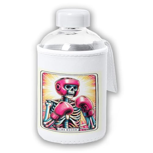 MERCHANDMANIA Bidón cristal con Funda soft shell carta tarot graciosa meme boxeador luchador vida tapon seguridad botella