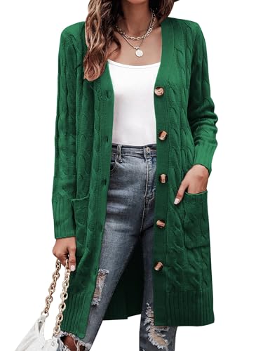 Aottori Cárdigan Mujer Punto Largo Manga Larga Suéter Chaqueta Botones Bolsillos Suéter Chaqueta Casual Elegante Abrigo Frente Abierto Otoño Invierno Verde XL