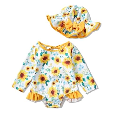Baby Girls One Piece Swimsuit Long Sleeve Little Infant Floral Bathing Suit+Hat 2Pcs 6-9-12 Months Sunflower Yellow Cover