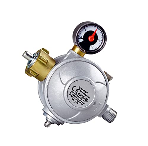 CFH Regulador de presión de gas propano 50 mbar de dos niveles DR 414 – Reductor de presión con manómetro y seguridad térmica, entrada G.12, salida H.4 1/4', para bombonas de gas de 5 kg y 11 kg