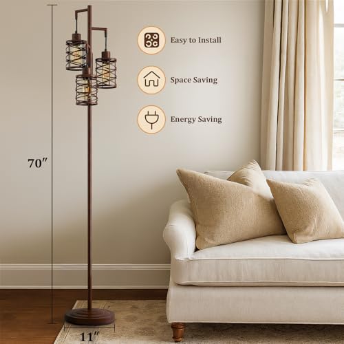 Image of Oneach 70 inch Industrial Floor Lamp, Stepless Dimmable Standing Lamp with 3 Bulbs, Farmhouse Corner Standing Tree Lamp for Living Room, Tall Lamps for Bedroom, Office, Study Room, Dining Room