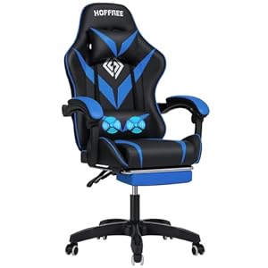 HOFFREE Massage Gaming Chair for Kids Computer Gamer Chair with Footrest and Lumbar Support Reclining PC Game Chair with Headrest for Gaming Room Blue and Black