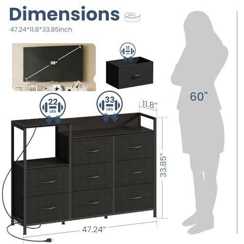 Image of DUMOS TV Stand Dresser with 8 Fabric Drawers & Open Shelf, TV Stand with Wooden Top, Entertainment Center with Charging Station for Living Room, Hallway, Black