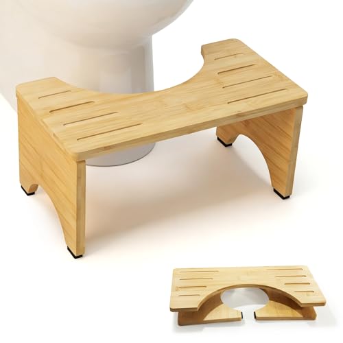 Bamboo Toilet Stool 7.8 Inch Foldable Toilet Step Stool for Adults - Non-Slip Bathroom Step Stool for Kids & Seniors for Constipation Relief Portable Easy Clean Space Saving Design (Wood)