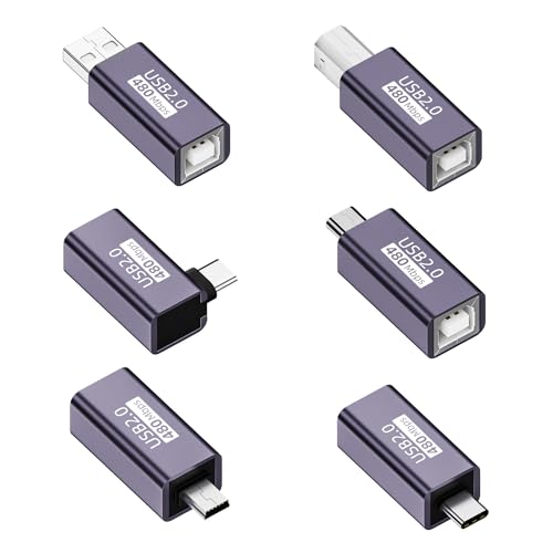 Adaptador USB-C/USB B/USB-A/Micro USB/Mini USB macho a MIDI hembra, adaptador de impresora Mini USB macho a USB B, adecuado para impresoras, MIDI, sintetizadores de piano eléctrico y otros (6 Pieza)