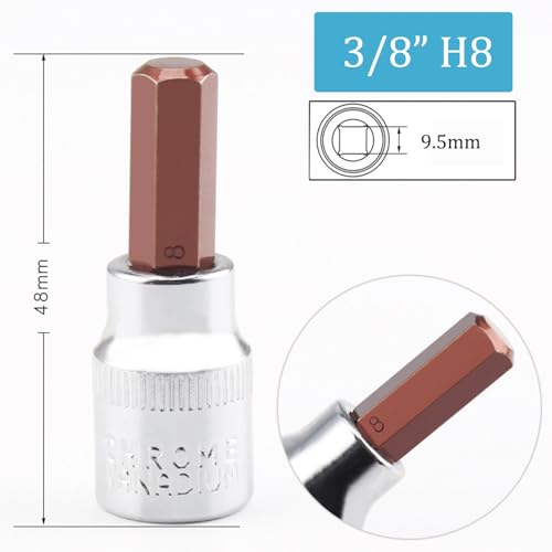 2PCS Juttzzei Hex Bit Socket, 3/8" Drive x H8 (8mm) Allen Key Socket, Premium S2 Alloy Steel 8mm Hex Bit with 1.89" Length for Torque Wrench, Ratchet Wrench, Impact Power Drills