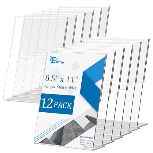 EHWINE 12 Pack 8.5 x 11 Acrylic Sign Holder, Clear Plastic Signs Display Stand, Vertical Slanted Back Paper Holder Stand up Table Top Sign Holders Flyer Stand Frames Suitable for Office Business Store