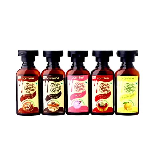 Image of Carmine Zero Sugar Syrups - Combo of 5 Syrups (French Vanilla, Cinnamon Vanilla, Coffee Tiramisu, Rose and Lemon Lime), 60 g each