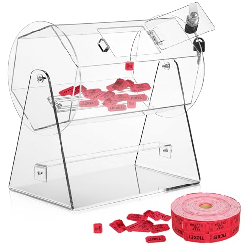 MILADO Raffle Drum, Acrylic Raffle Ticket Spinner, Raffle Ticket Drum with Stand and Lock, Holds 2500 Tickets, Clear Raffle Box for Lottery Games, School Activities(11 x 10.9 Inch)