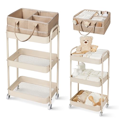 Image of Fortella Baby Diaper Caddy, 3 Tier Rolling Storage Cart for Baby Essentials, Diaper Cart with Detachable Dividers, Storage & Baby Bottle Organizer, Nursery Dresser for Bedroom, Living Room (Taupe)