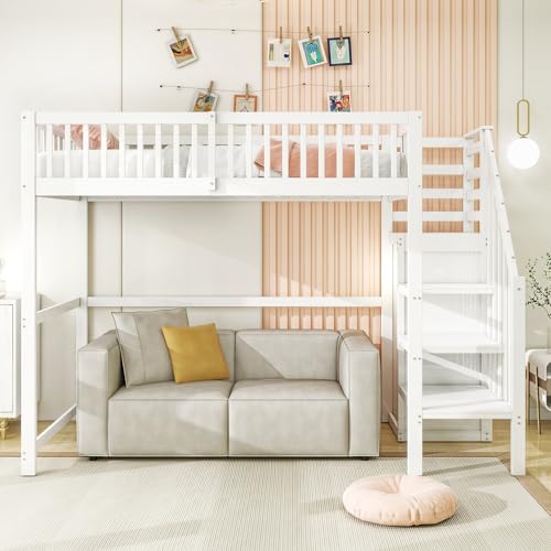 Moimhear Hochbett 90x200cm mit Treppe, weißes Kinderbett aus Holz mit Aufbewahrungsregal, einfacher Kleiderschrank