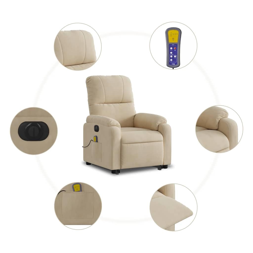 Sillón elevador eléctrico reclinable con masaje de 6 puntos y revestimiento de microfibra color crema, función de elevación e inclinación hasta 135 grados, estructura