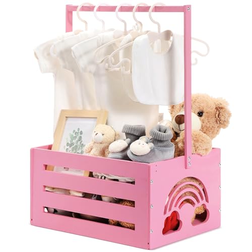 Image of Yerliker Wooden Baby Shower Crate Closet Baby Shower Gifts Basket Storage Crate Hamper with Handle Personalized Basket for Newborn Boys Girls Pregnancy Gifts(Pink,Cloudy, Rainbow)