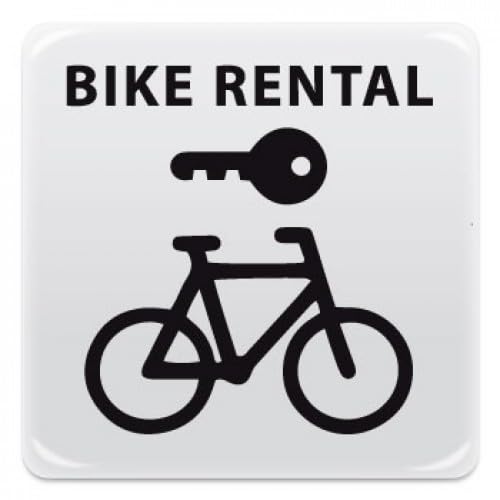 Cartello Adesivo noleggio bici - bike rental - Pittogramma adesivo effetto lente di formato mm. 95x95, realizzati in pvc adesivo bianco e stampati attraverso tecnica serigrafica