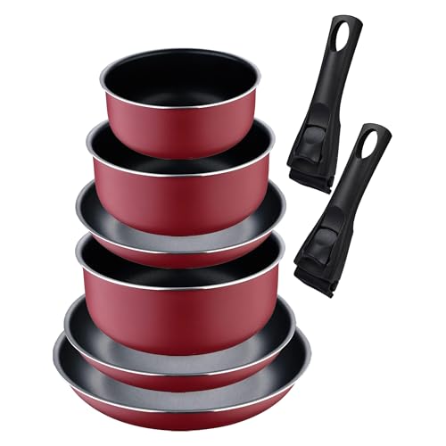 Set de 3 poêles Ø18Ø20Ø24cm avec manche amovible + 3 casseroles Ø16Ø18Ø20cm avec manche amovible - en aluminium pressé couleur rouge Click&Cook Bergner