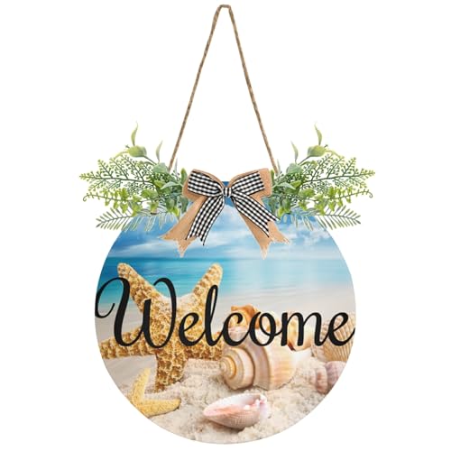 MNSRUU Wreath Door Sign Welcome Starfish and Seashells On The Beach Door Decorations Hanging Outdoor Front Porch Door Round Wreath Decor for Christmas Halloween